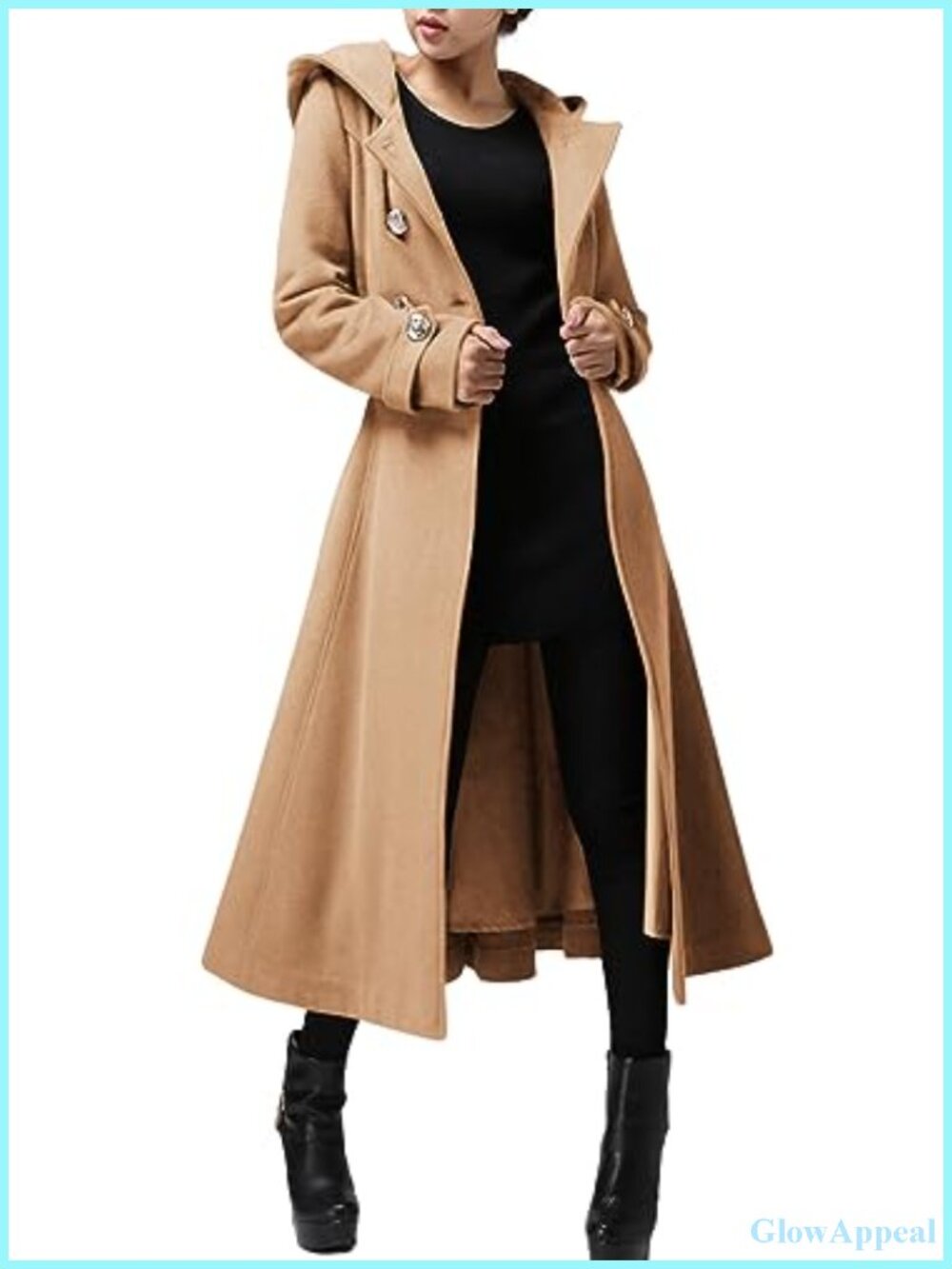 Extra Long Wool Blend Hooded Double-Breasted Trench Coat Windproof Winter